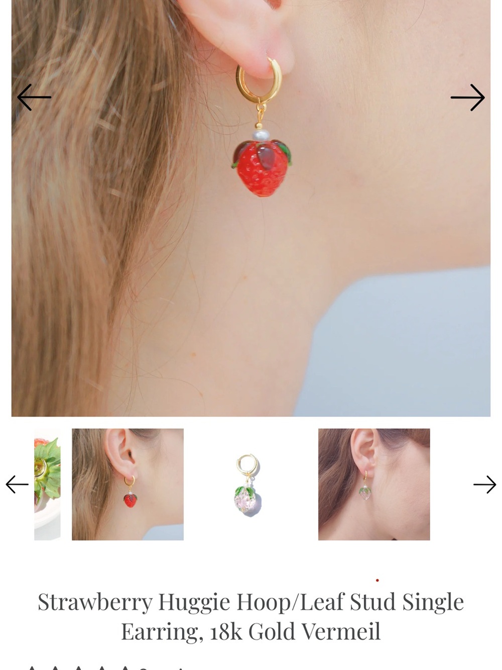 I’MMANY Huggie Hoop with Red Glass Strawberry and Pearl Accent.  (One earring)